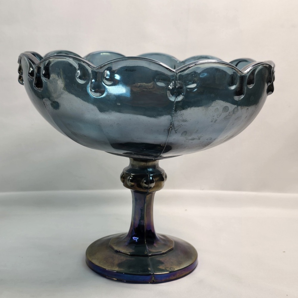 Vintage Indiana Glass Blue Carnival Glass Pedestal Compote Centerpiece Bowl